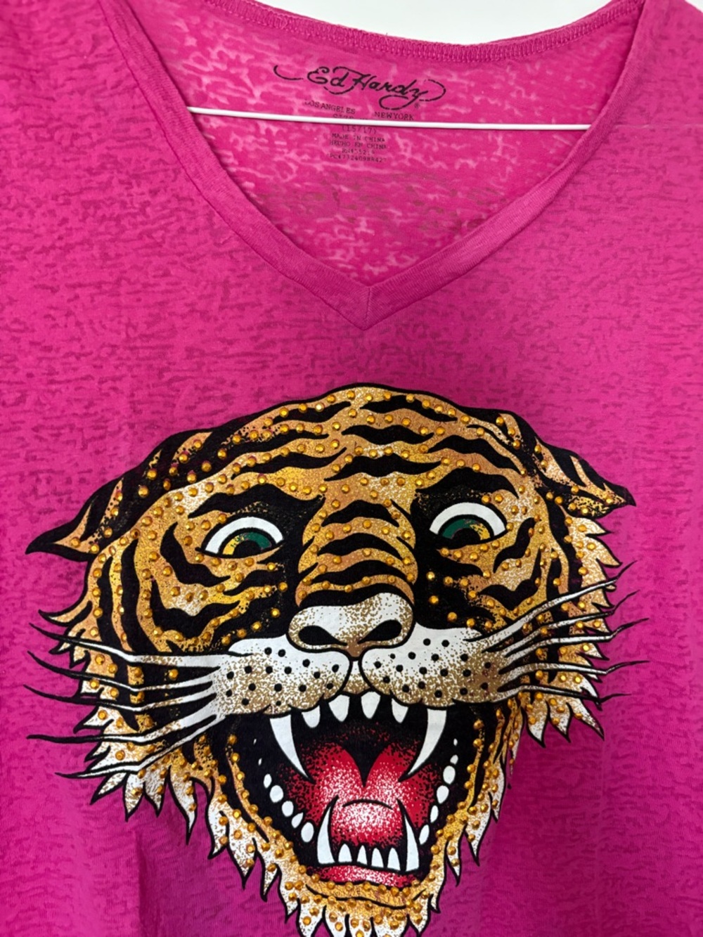 Ed Hardy Beaded Pink V-Neck Tee with Glittering Tiger Face